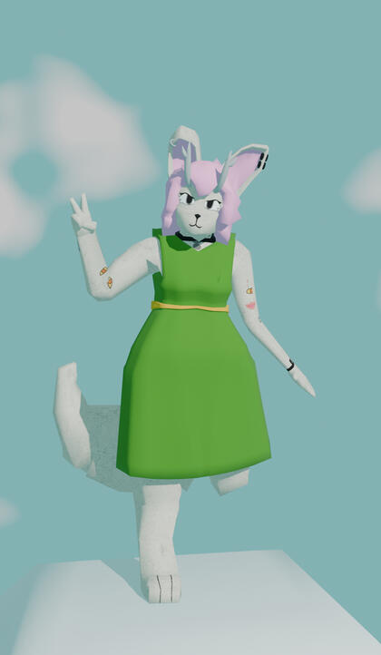 Fox mixed with a jackaloupe furry in a green dress